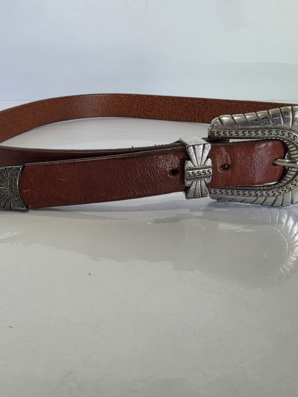Leather Western-Style Men's Belt with Ornate Silver Buckle - Brown